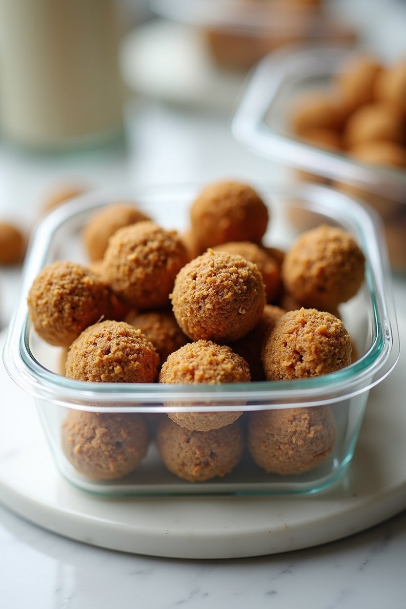 Energy bites arranged in a glass meal prep container with lid partially open, lunchbox setting, healthy snack display, bright clean food photography