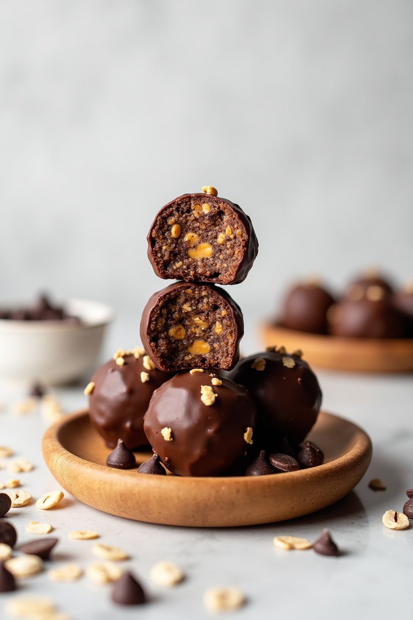 Chocolate peanut butter energy bites stacked on a small wooden plate, visible oats and chocolate chips, a few bites cut in half showing texture inside, clean bright kitchen background