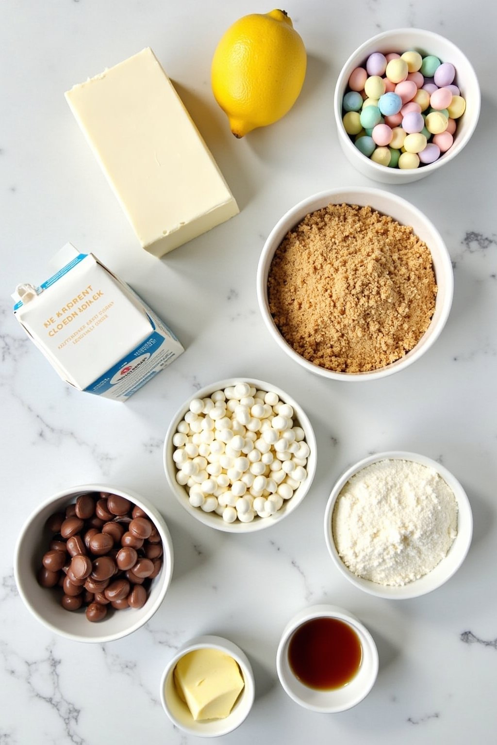 Flat lay mise en place of no-bake cheesecake ingredients on a marble countertop, blocks of cream cheese, bowl of graham cracker crumbs, powdered sugar, heavy cream carton, bowl of pastel candy-coat...