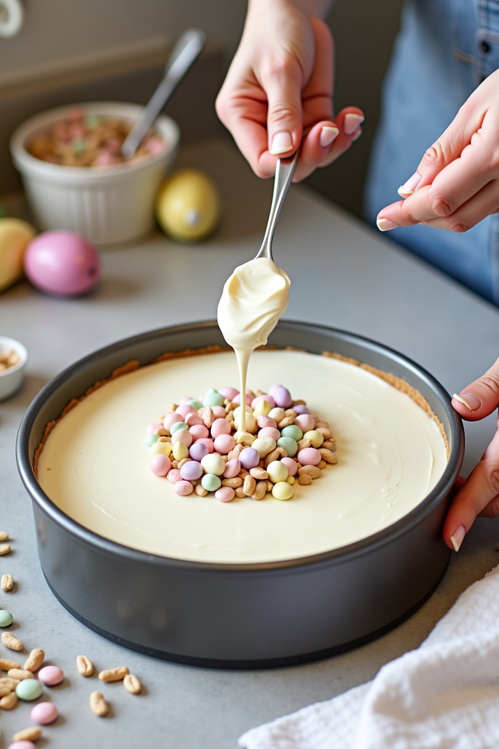 Action shot of hands arranging crushed pastel candy-coated chocolate pieces and candy on top of a smooth white no-bake cheesecake in a springform pan, white chocolate drizzle being added from a spo...