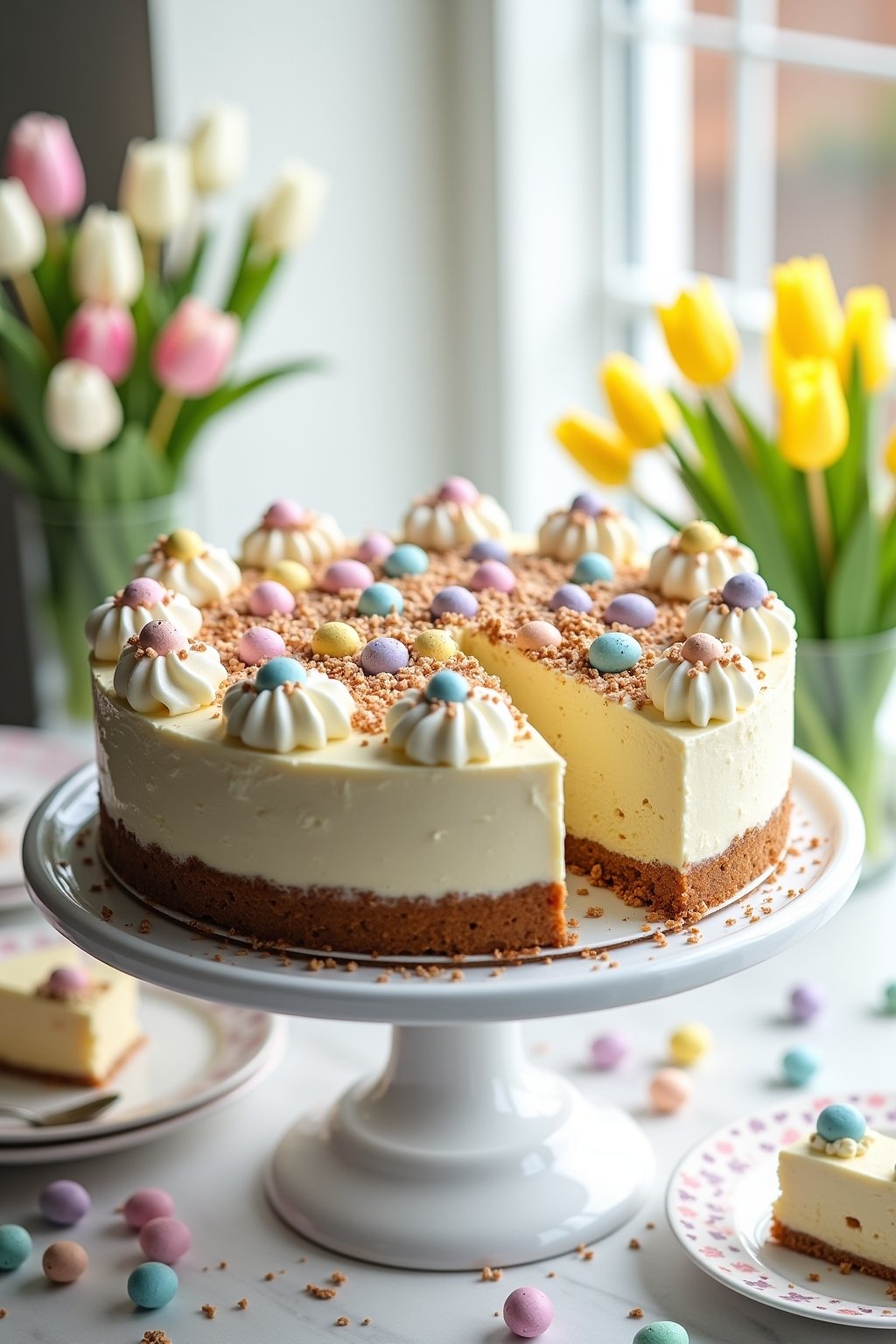 Stunning no-bake Easter cheesecake on a white cake stand, smooth white cheesecake topped with crushed pastel candy-coated chocolate pieces and Cadbury Mini Eggs, white chocolate drizzle, piped whip...