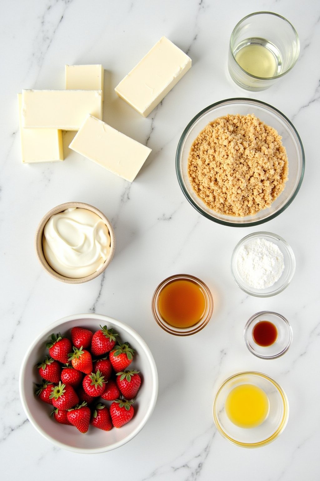 Flat lay of no-bake cheesecake bar ingredients — blocks of cream cheese, bowl of graham cracker crumbs, fresh strawberries in a bowl, heavy cream, powdered sugar, vanilla extract, melted butter, le...
