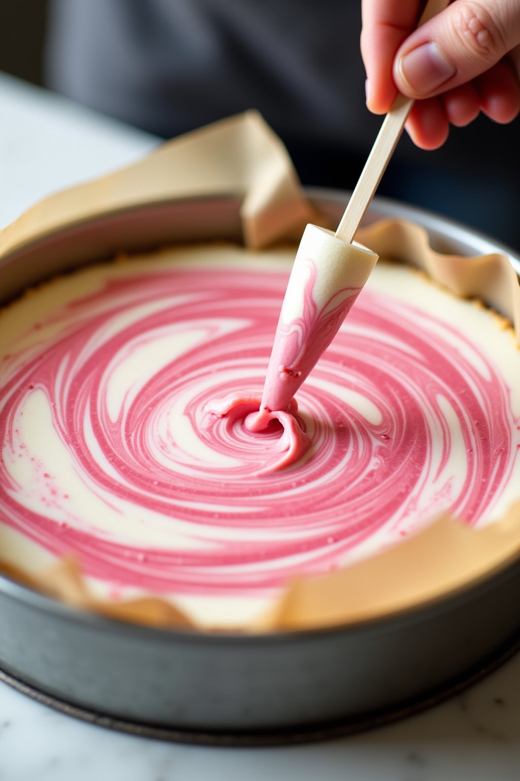 Close-up action shot of a toothpick creating swirl patterns through pink strawberry puree on top of white cheesecake filling in a parchment-lined baking pan, beautiful marbled pink and white patter...