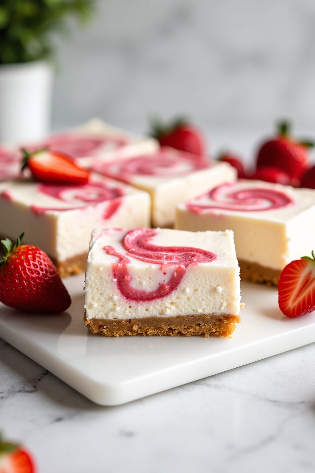 No-bake strawberry cheesecake bars arranged on a white marble cutting board, creamy white cheesecake filling with beautiful pink strawberry swirls on top, golden graham cracker crust visible on the...