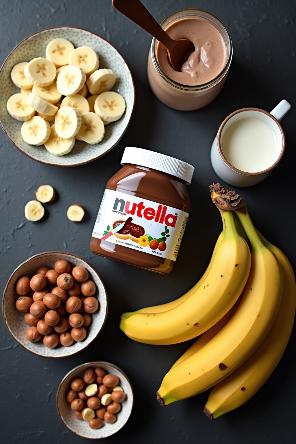 Flat lay of Nutella banana milkshake ingredients on a dark slate surface, frozen banana slices, open Nutella jar with spoon, bowl of chocolate ice cream, small pitcher of milk, whole hazelnuts and ...