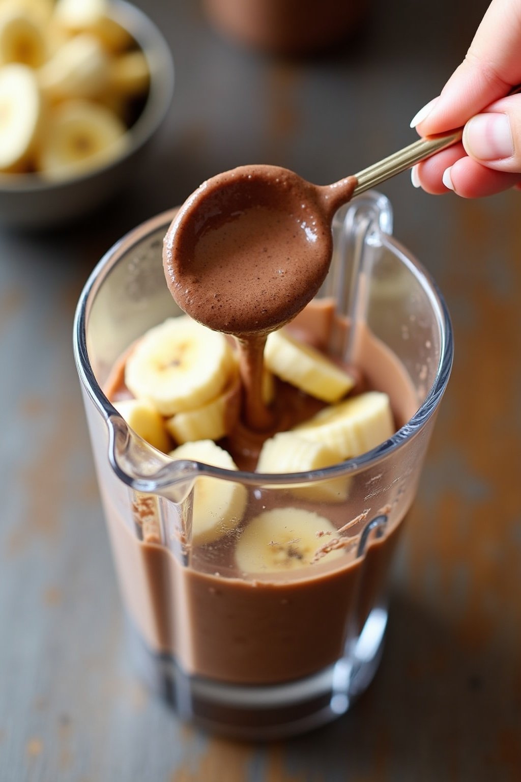 Frozen banana slices and a big spoonful of Nutella being added to a blender already containing chocolate ice cream, rich brown and yellow colors mixing, creamy texture forming, kitchen action shot,...
