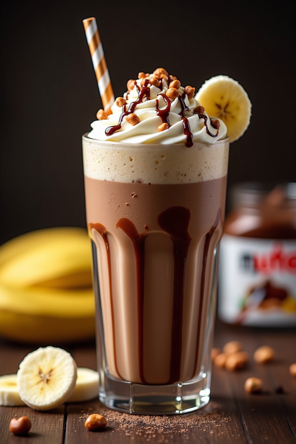 Tall Nutella banana milkshake in a clear glass with thick straw, rich chocolate hazelnut colored creamy shake with Nutella drizzle on inside of glass walls, condensation and frost on the glass, whi...