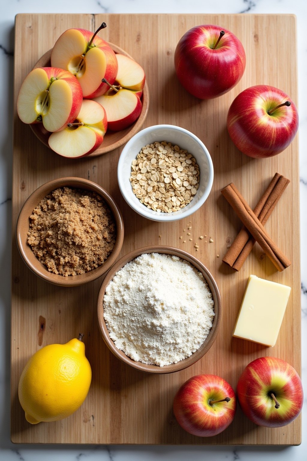 Flat lay of apple crumble ingredients on a wooden cutting board, whole and sliced apples, bowl of oats, brown sugar, cinnamon sticks, butter, flour, lemon, nutmeg, overhead food photography, warm a...