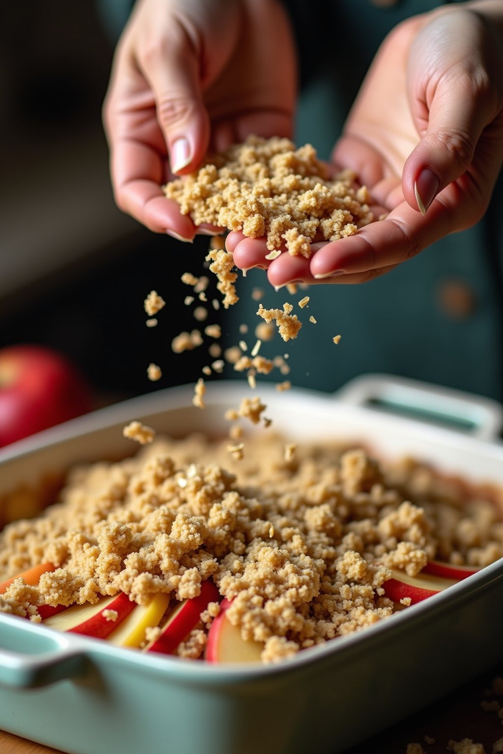 Action shot of hands scattering crumble topping over sliced apples in a baking dish, clumpy butter and oat mixture falling over the fruit, kitchen baking scene, warm and cozy food photography