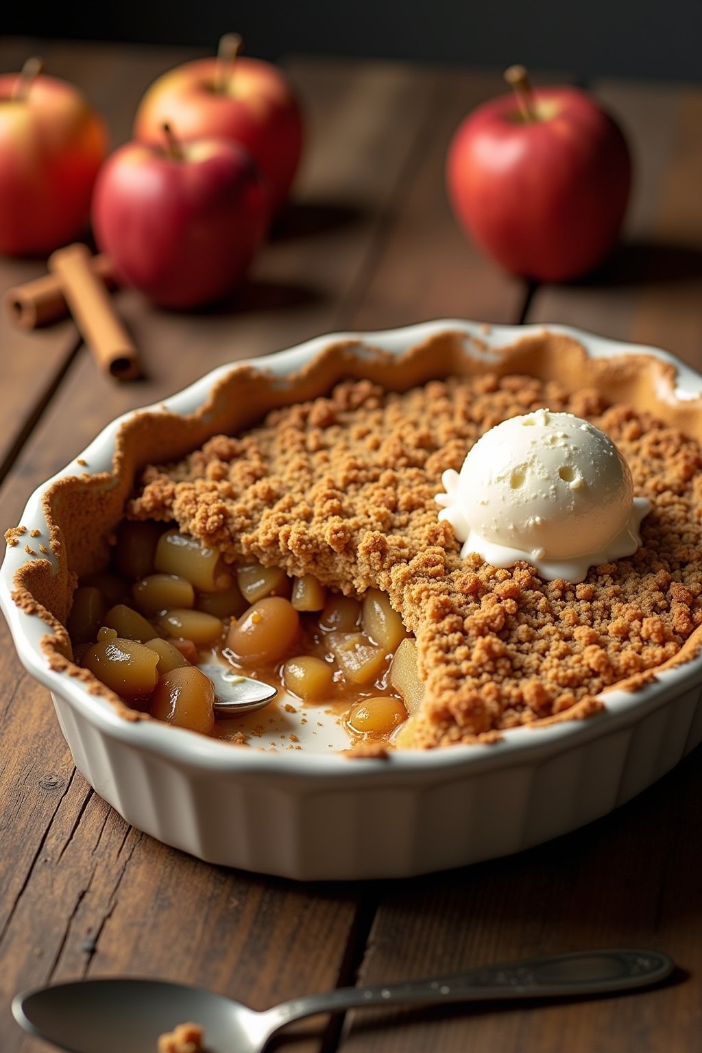 Baking dish of golden apple crumble with oat streusel topping and bubbling apple filling visible at the edges, one serving scooped out showing layers of spiced apples beneath the crumble, scoop of ...