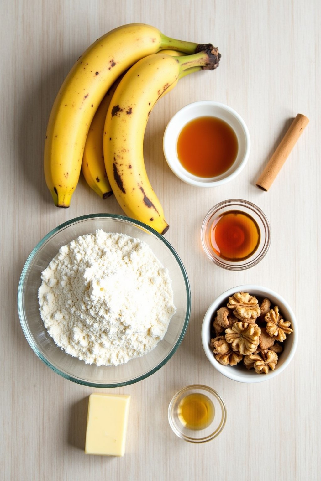 Flat lay of banana bread ingredients on a light wooden surface, three overripe spotty bananas, bowl of flour, stick of butter, sugar, egg, vanilla extract, cinnamon stick, baking soda, walnuts in a...