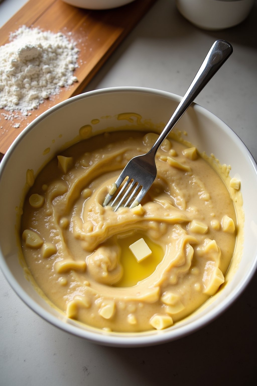 Action shot of mashing overripe bananas in a large bowl with a fork, golden mushy banana mixture with butter being stirred in, simple one-bowl process visible, kitchen counter with flour and sugar ...