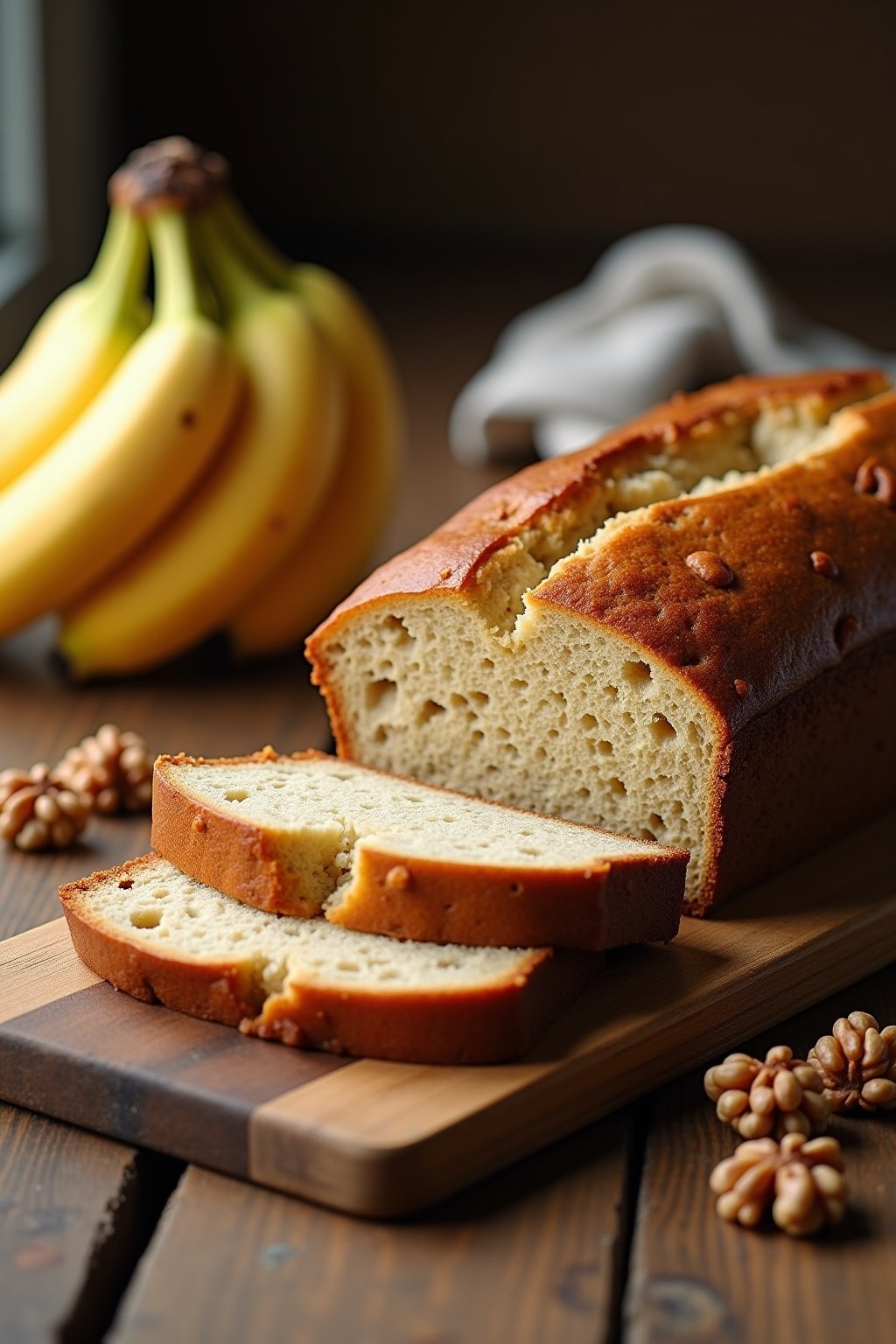 Beautiful sliced loaf of banana bread on a rustic wooden cutting board, golden brown crust with a crack down the center, moist tender crumb visible in the slices, scattered walnuts, a few ripe bana...