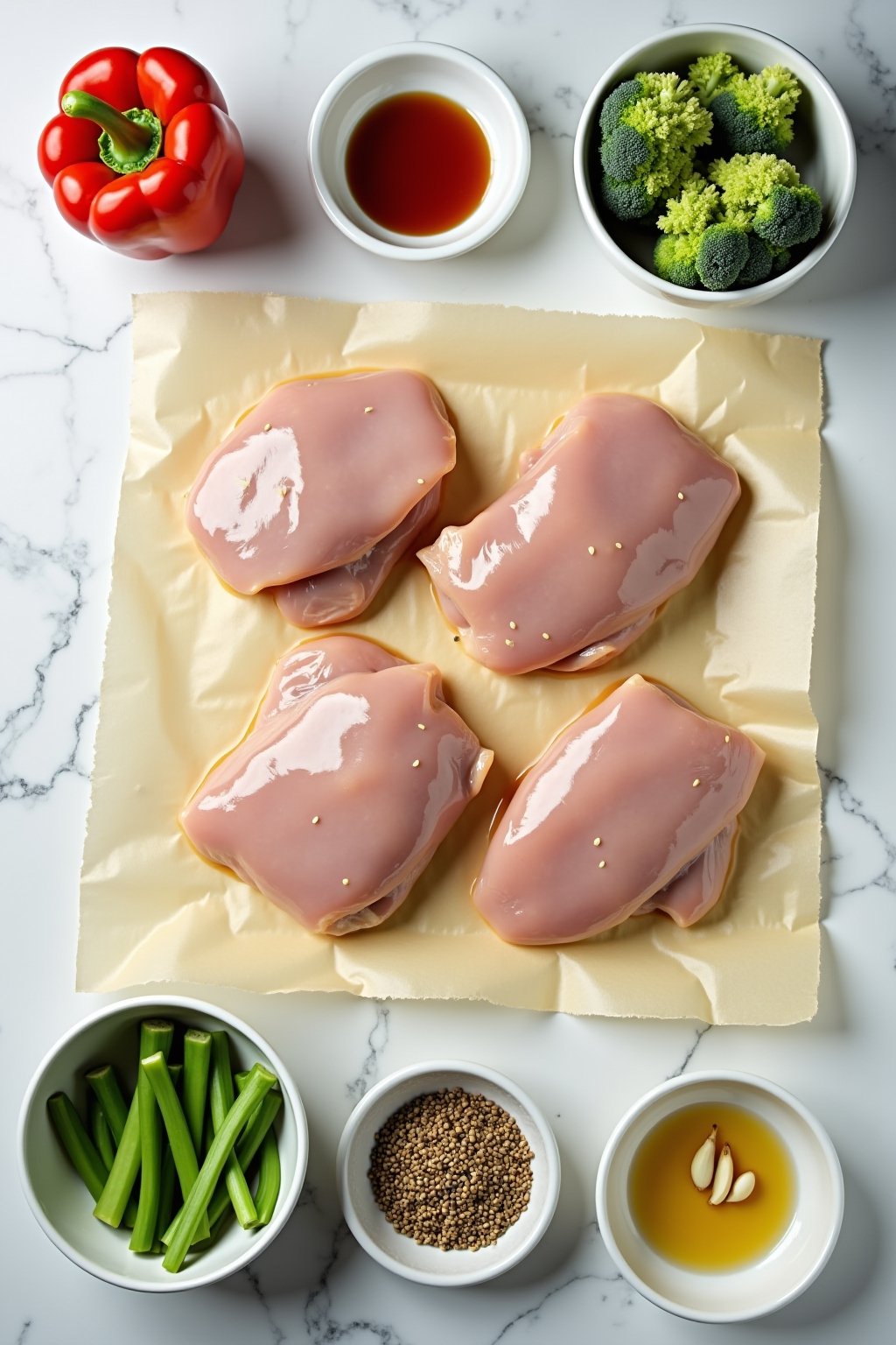 Flat lay of ingredients for honey garlic chicken — raw chicken thighs on parchment paper, small bowls of honey, soy sauce, garlic cloves, sesame oil, fresh broccoli florets, red bell pepper, snap p...