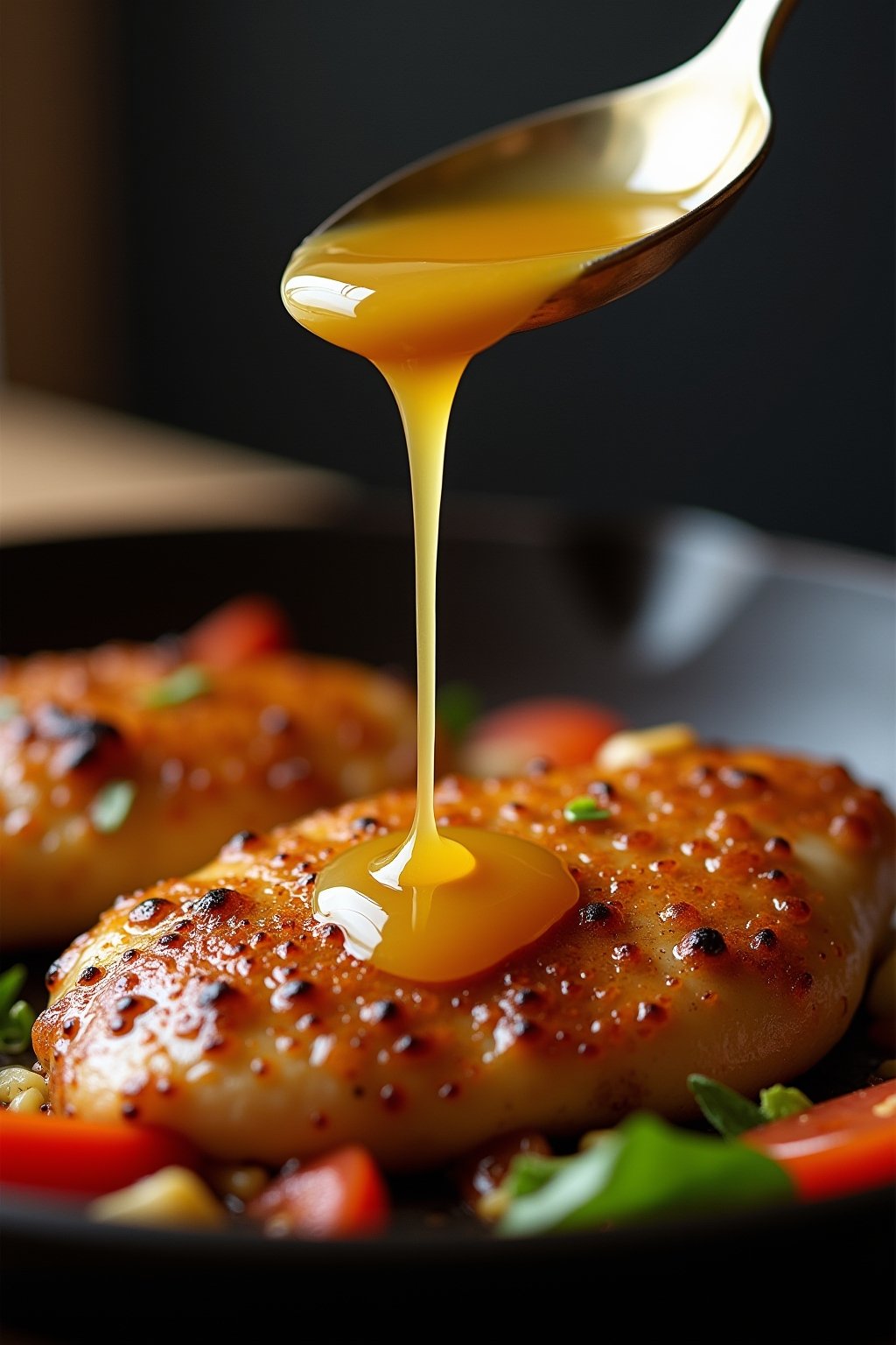 Action shot of honey garlic sauce being drizzled from a spoon over golden seared chicken in a sizzling cast iron skillet, sauce glistening and bubbling, vegetables visible in background of pan, dyn...