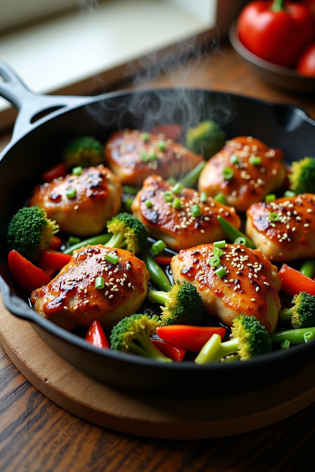 One-pan honey garlic chicken with roasted vegetables in a large cast iron skillet, golden caramelized chicken thighs glistening with sticky glaze, surrounded by vibrant broccoli, red bell peppers, ...