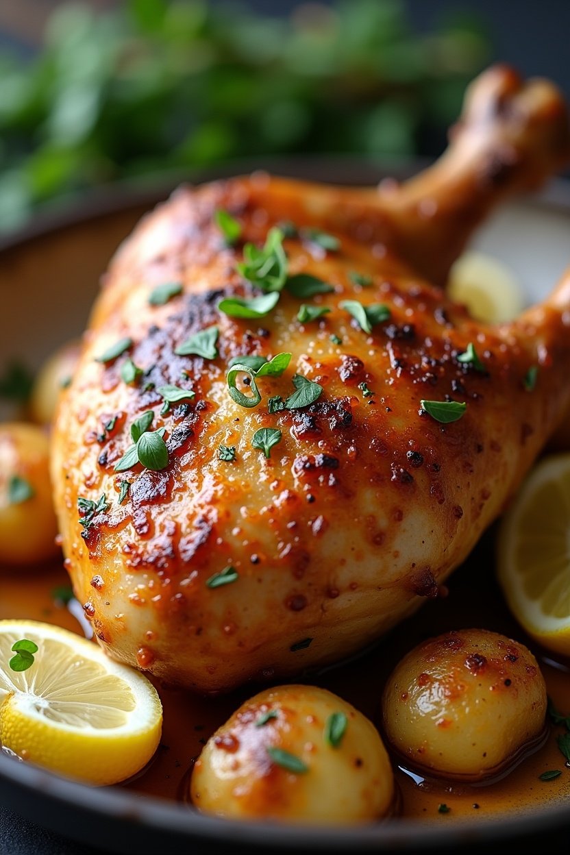 Close-up of crispy skinned chicken thigh on roasted potatoes with herbs, lemon slice, pan juices glistening, appetizing food photography