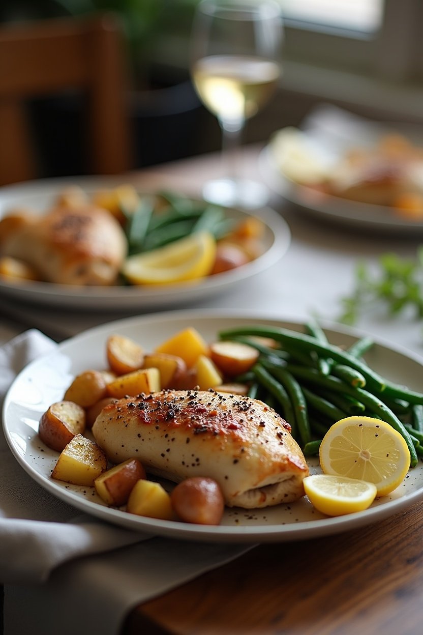 Plated one-pan chicken dinner with roasted potatoes and green beans, fresh lemon wedge, cozy dinner table setting