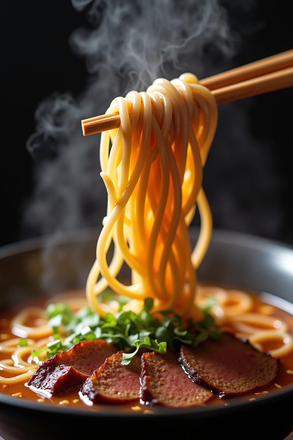 A close-up shot of a pair of chopsticks lifting chewy ramen noodles from a steaming bowl of beef ramen, with the rich dark broth, sliced beef, and nori visible in the background, steam rising from ...