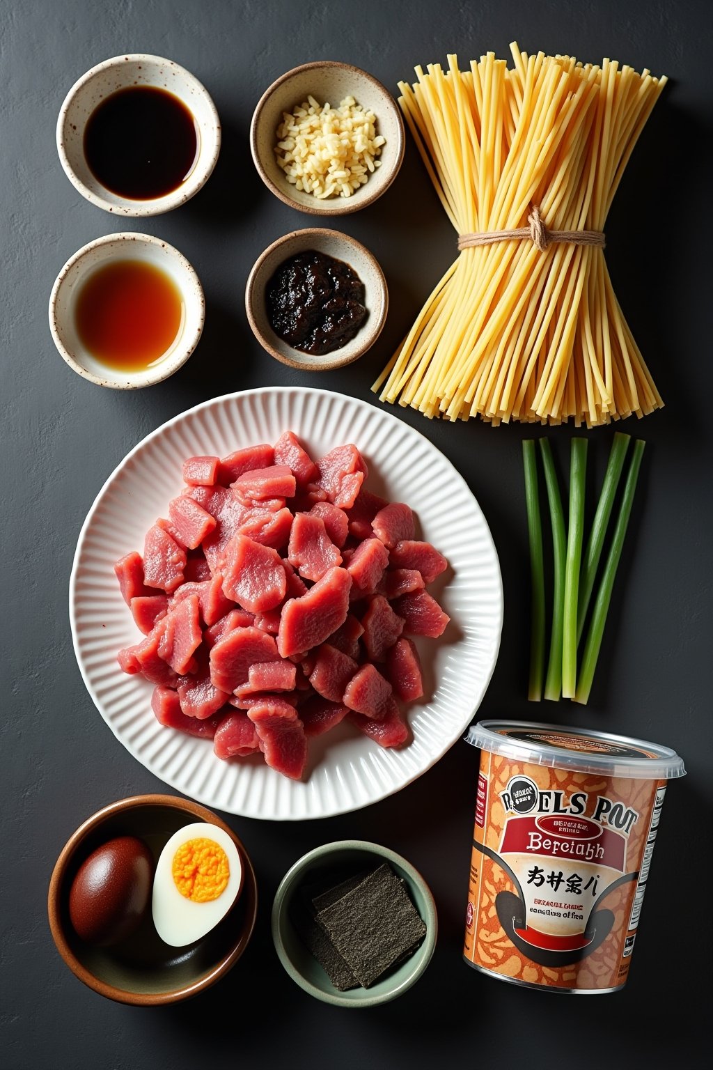 Overhead flat lay of ingredients for one-pot beef ramen: thinly sliced raw flank steak on a plate, a bundle of dried ramen noodles, small bowls of soy sauce, miso paste, sesame oil, minced garlic a...