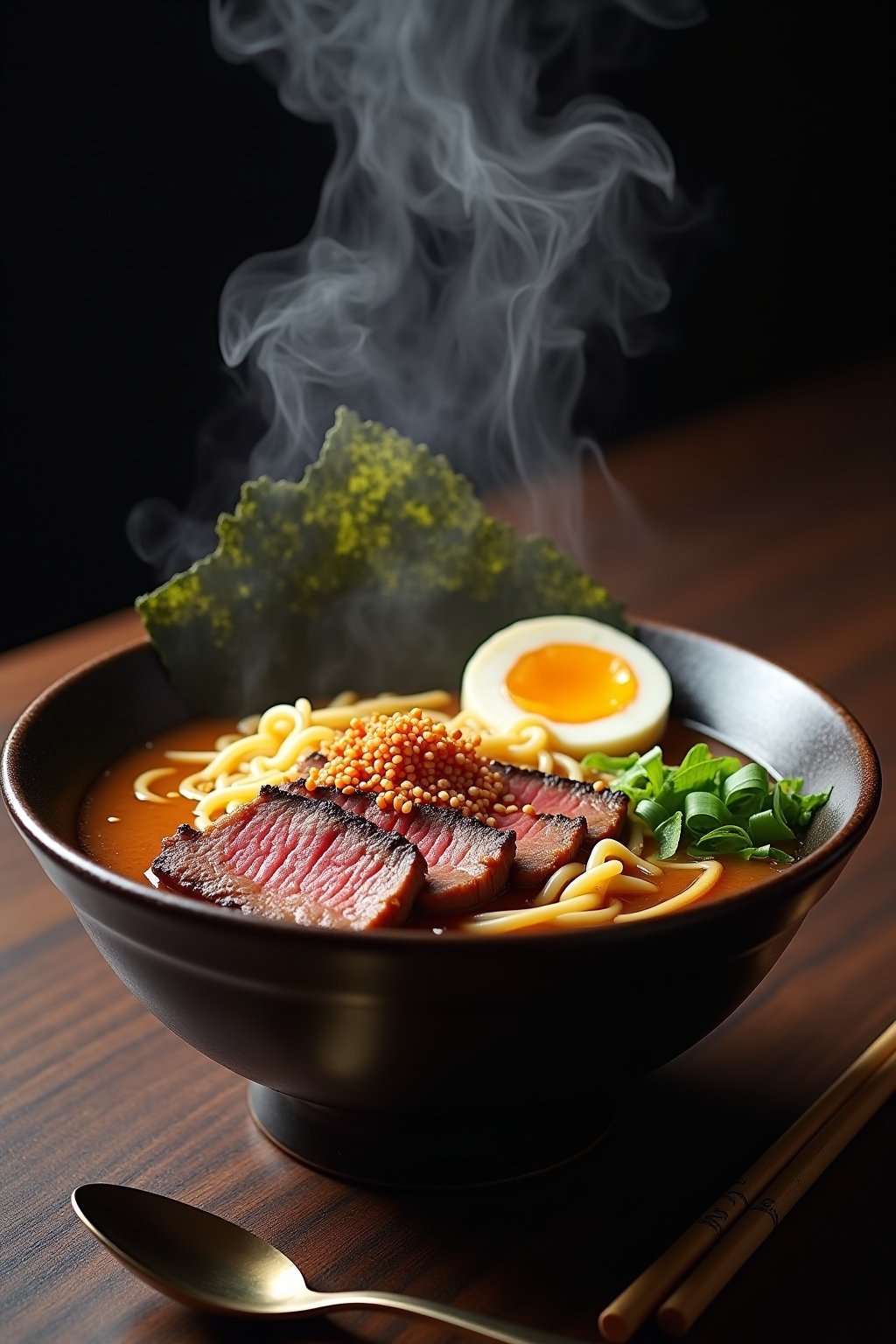 A steaming bowl of beef ramen noodles in a deep dark ceramic bowl, showing rich savory brown broth with chewy ramen noodles, thin slices of seared beef with caramelized edges, a halved soft-boiled ...