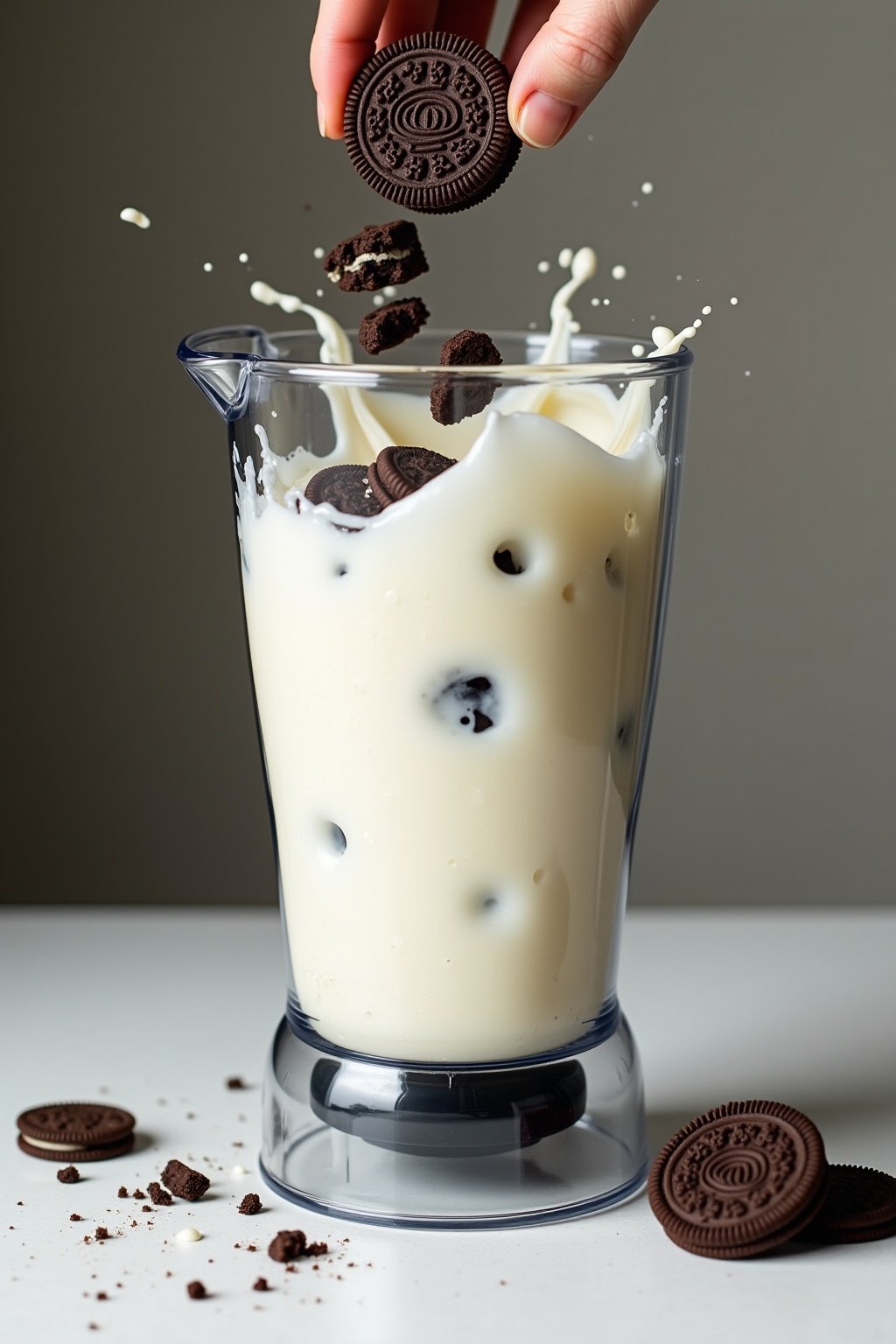 Action shot of Oreo cookies being dropped into a running blender with vanilla ice cream and milk, cookie pieces splashing and mixing into creamy white liquid, kitchen counter scene with scattered O...