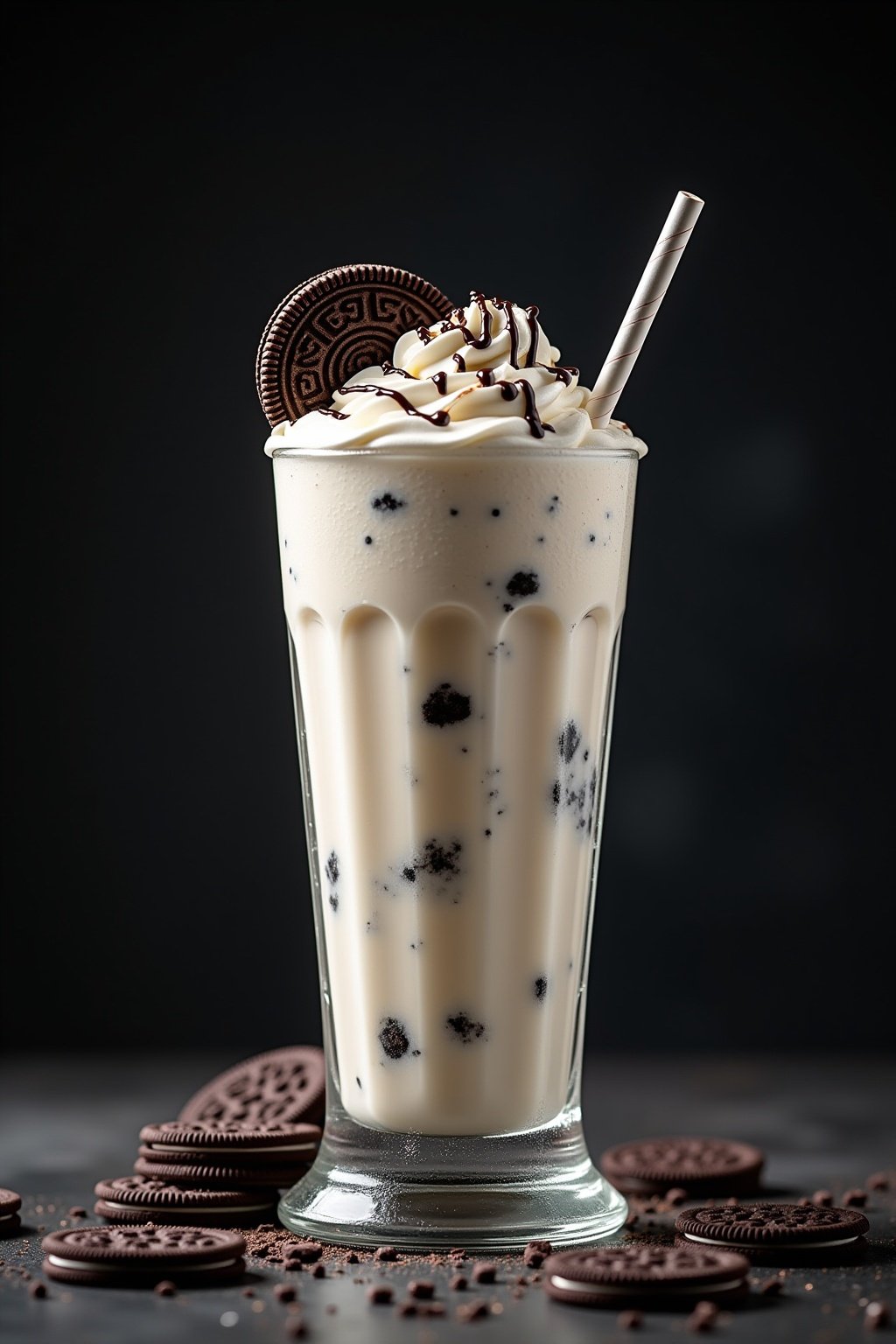 Tall Oreo cookies and cream milkshake in a clear glass with thick straw, visible cookie chunks throughout creamy white shake, condensation droplets and frost on the glass surface, whipped cream swi...