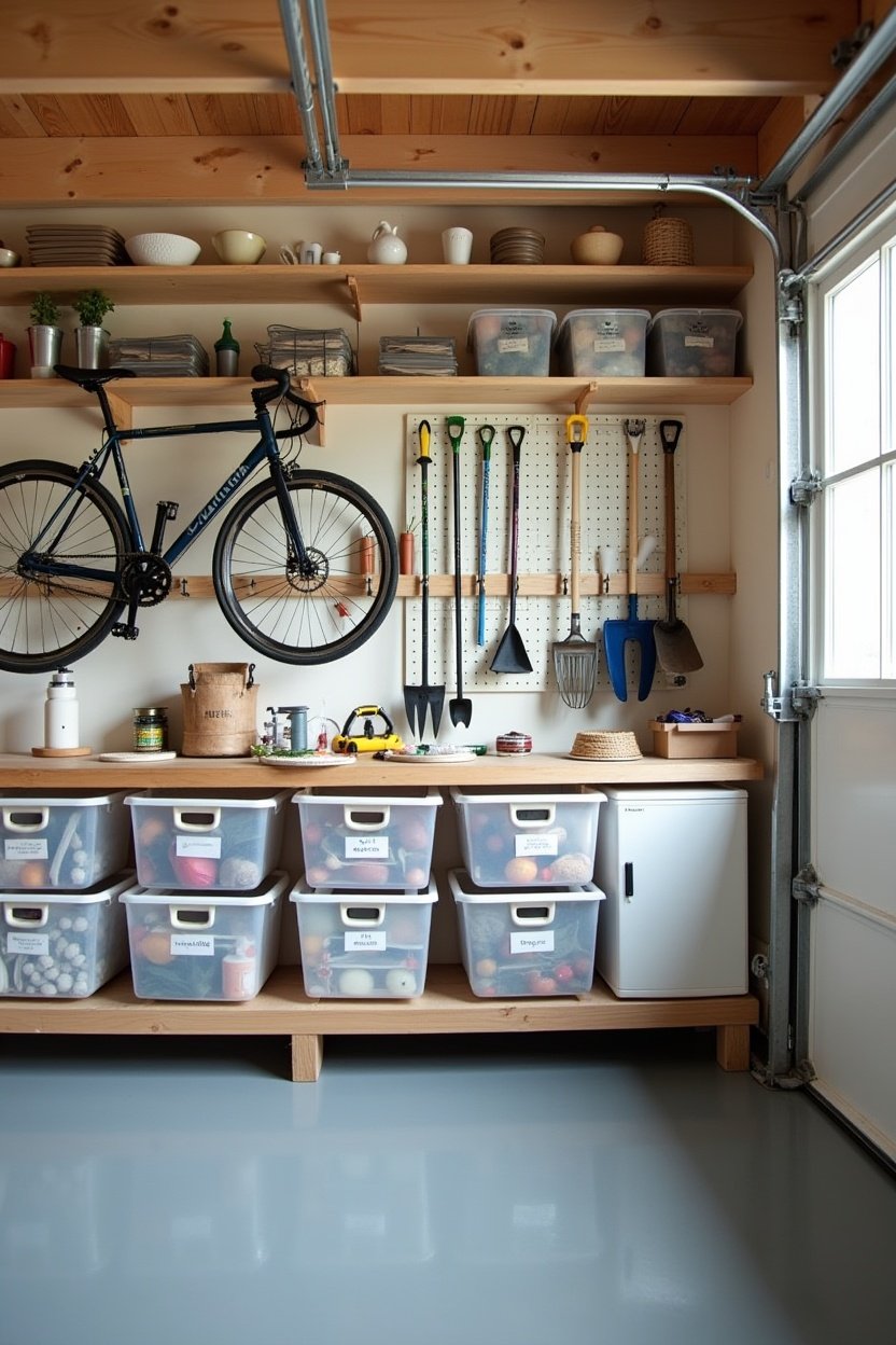 Organized garage storage zone with clear labeled bins on wall shelves, garden tools on wall-mounted organizer, bicycle hanging on hooks, everything in its place, bright and tidy