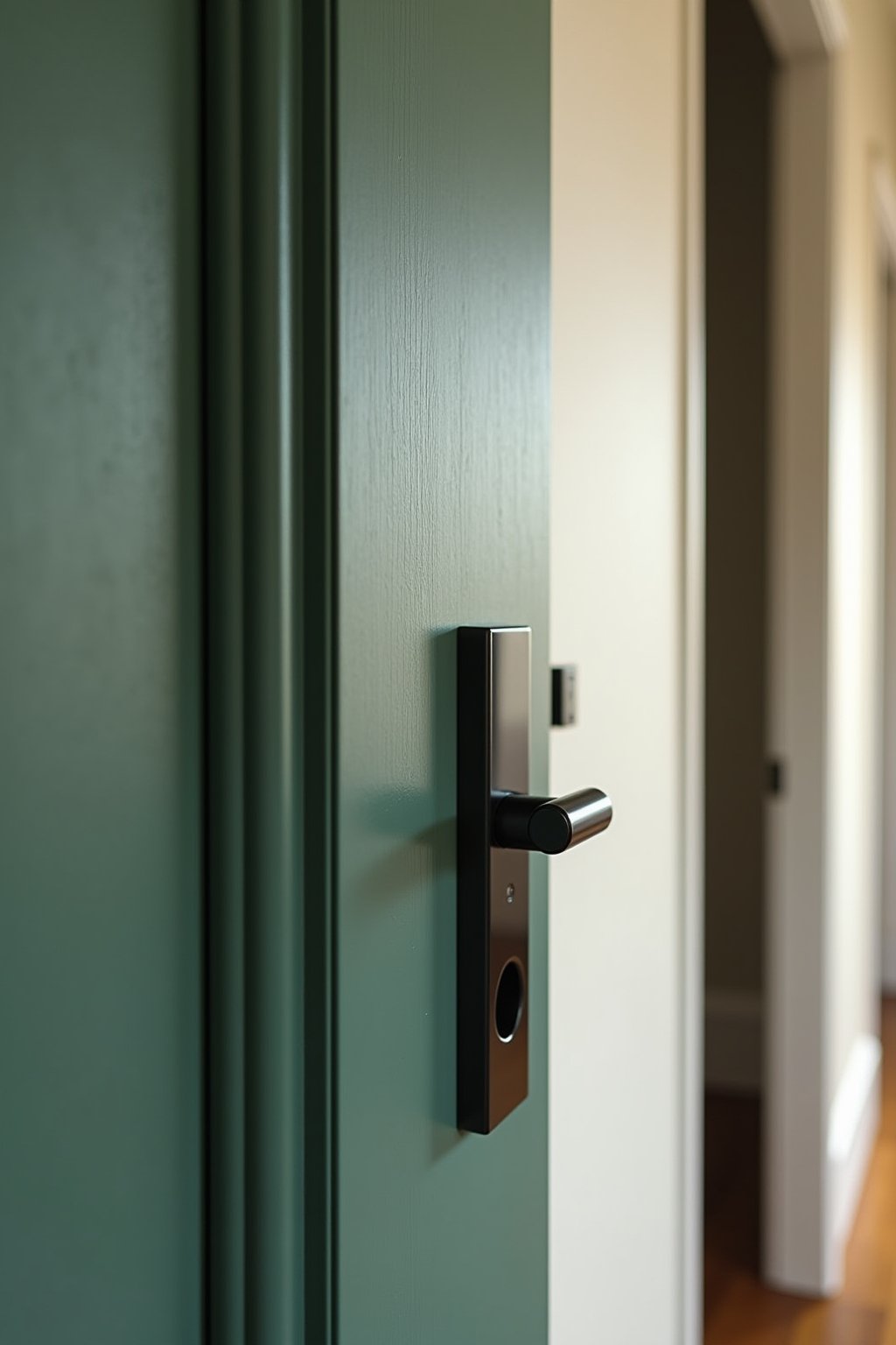 Close-up of a bold painted interior door in deep sage green, black minimal door handle, white wall on either side showing contrast, warm hallway light behind, paint sheen visible, shallow depth of ...