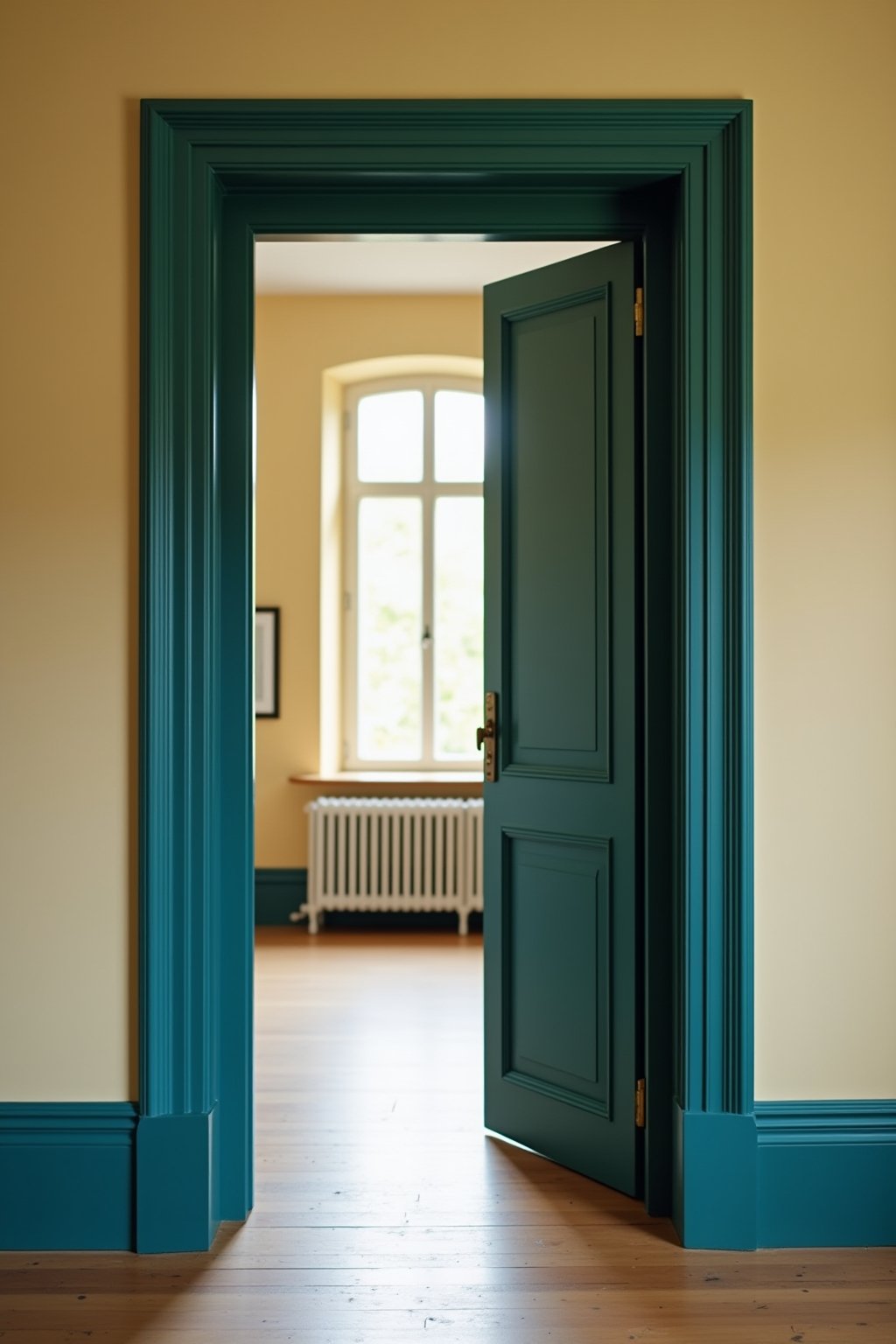 View through a bold painted doorway showing the door color framing the room beyond, deep teal painted door frame and door, bright room visible through doorway, natural daylight creating depth