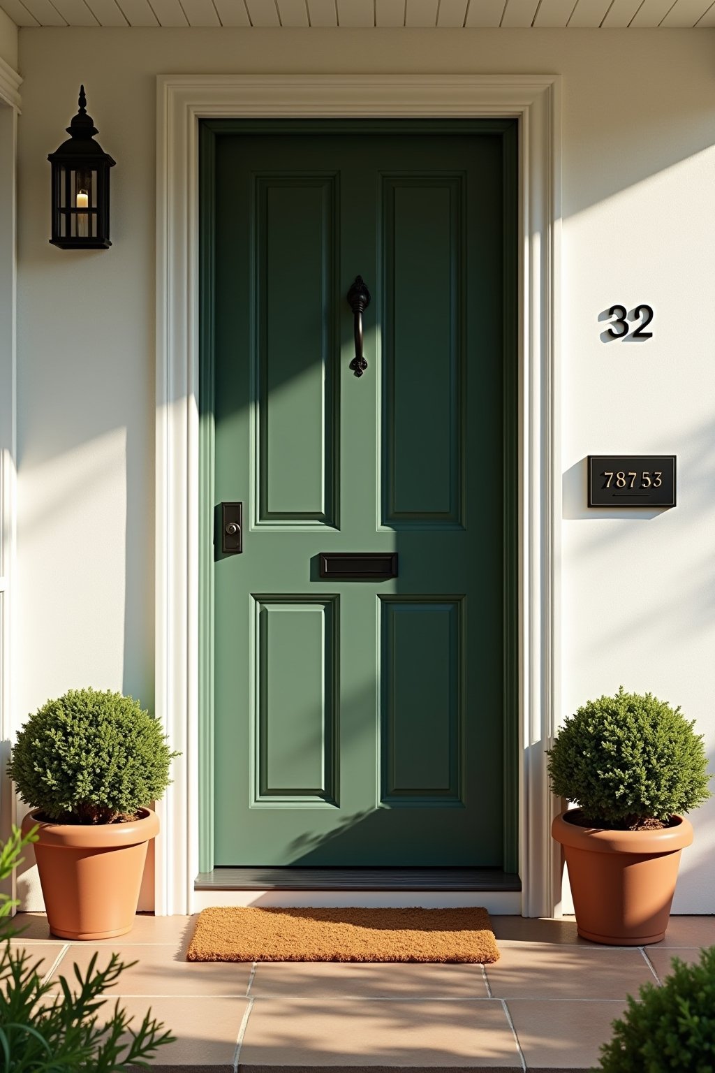 A beautiful deep olive green painted front door on a white house exterior, black iron door handle, terracotta potted boxwood on either side, welcome mat, house numbers visible, warm afternoon sunli...