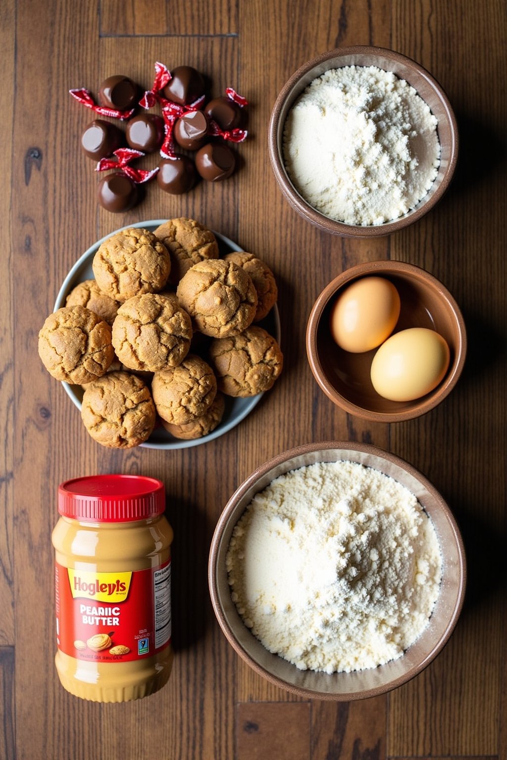 Flat lay of peanut butter blossom cookie ingredients on a wooden surface, jar of peanut butter, pile of wrapped Hershey's Kisses, flour, brown sugar, eggs, butter, vanilla extract, granulated sugar...