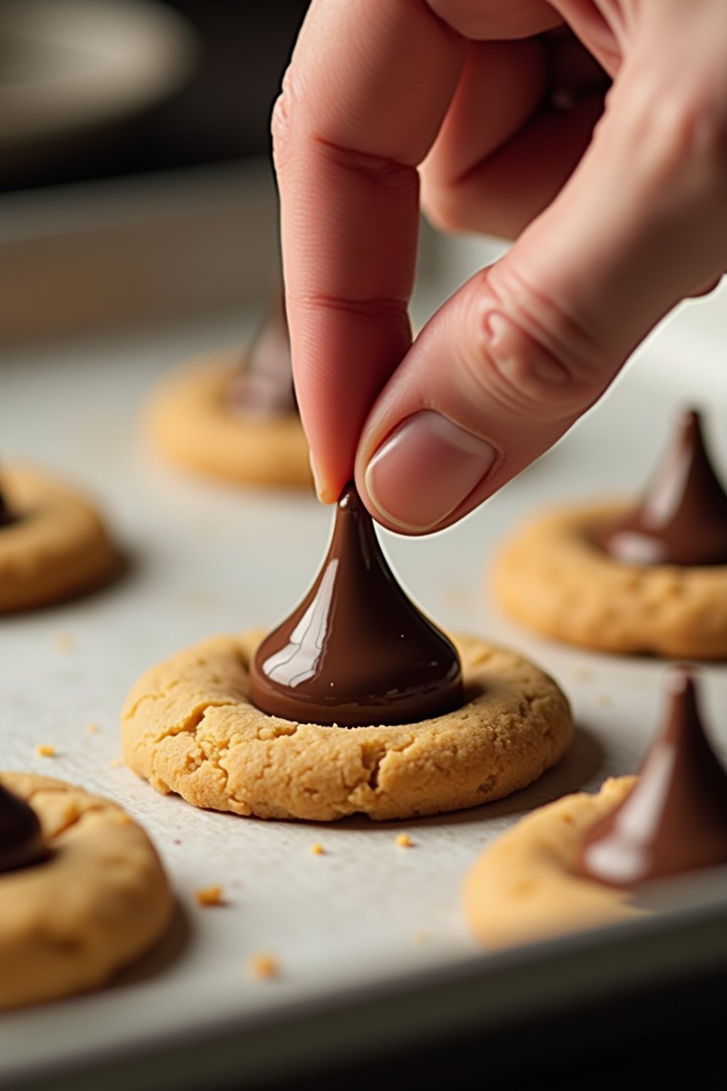Action shot of pressing a Hershey's Kiss into the center of a warm freshly baked peanut butter cookie on a baking sheet, finger pushing the chocolate down gently, other cookies nearby waiting for t...