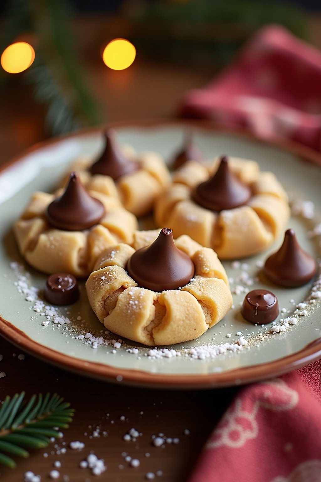 Plate of peanut butter blossom cookies with Hershey's Kisses pressed into the center, golden crinkled edges with sugar coating, chocolate Kiss slightly melted into the warm cookie, arranged on a fe...