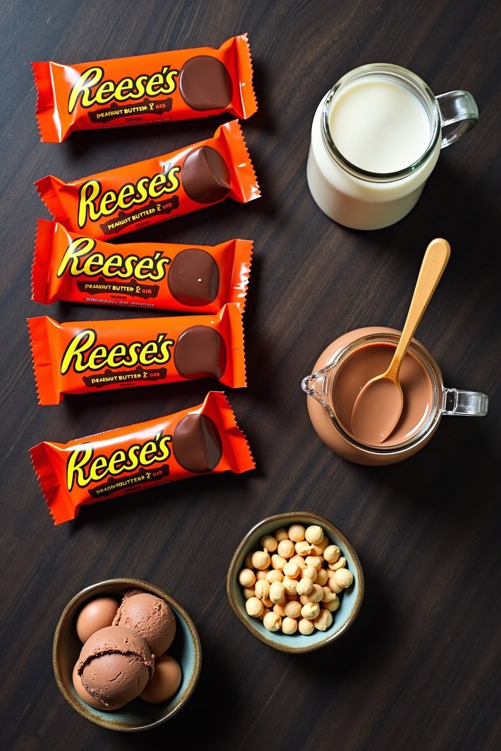 Flat lay of peanut butter cup milkshake ingredients on a dark wooden surface, Reeses peanut butter cups unwrapped and in wrappers, jar of peanut butter with spoon, bowl of chocolate ice cream, smal...
