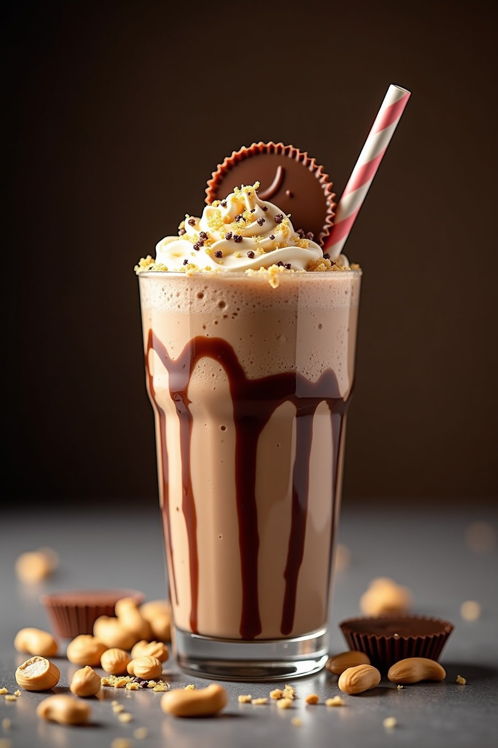 Tall peanut butter cup milkshake in a clear glass with thick straw, rich chocolate peanut butter colored shake with peanut butter and chocolate drizzle swirled on glass walls, condensation and fros...