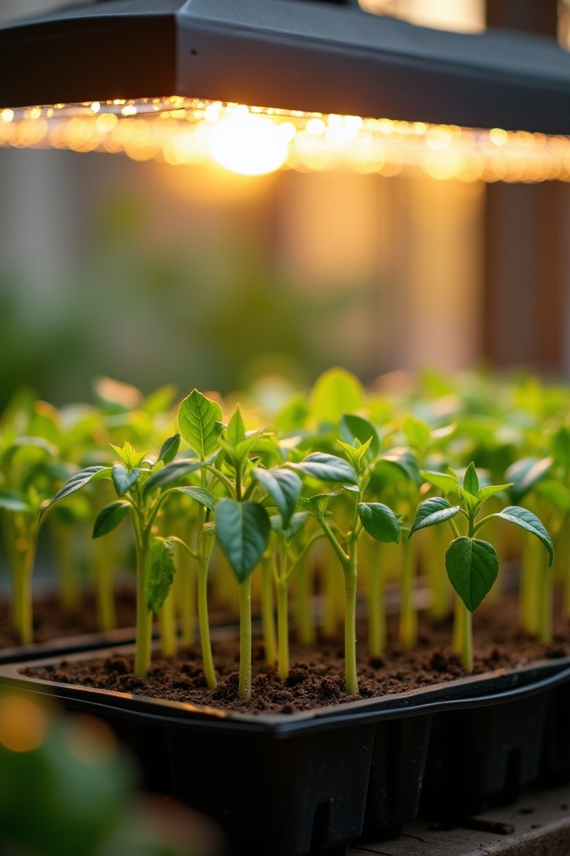 Pepper seedlings growing in seed-starting trays under a grow light indoors, small green plants with true leaves, seedling heat mat visible underneath, bright clean setup on shelf, early spring indoor gardening