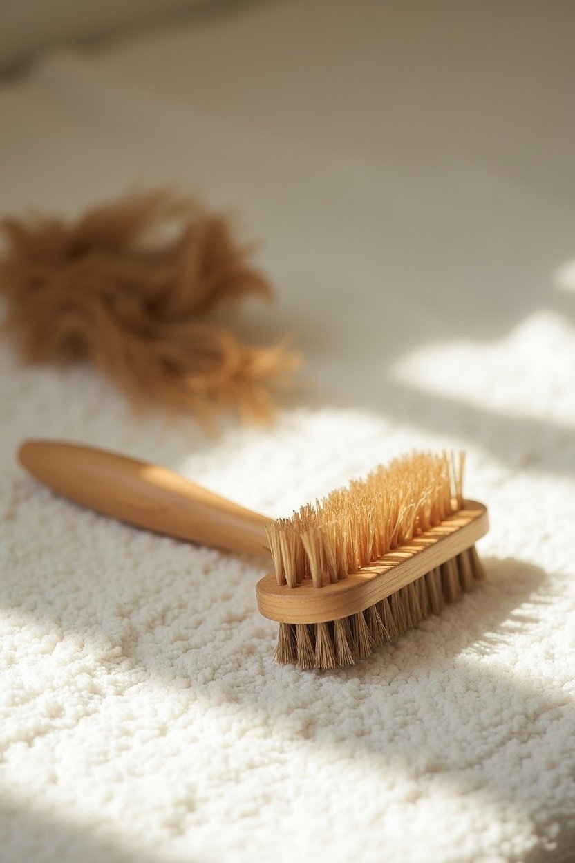 Deshedding grooming brush with loose fur next to it on a clean white towel, bright, close-up product shot style, warm tones, prevention approach to pet hair