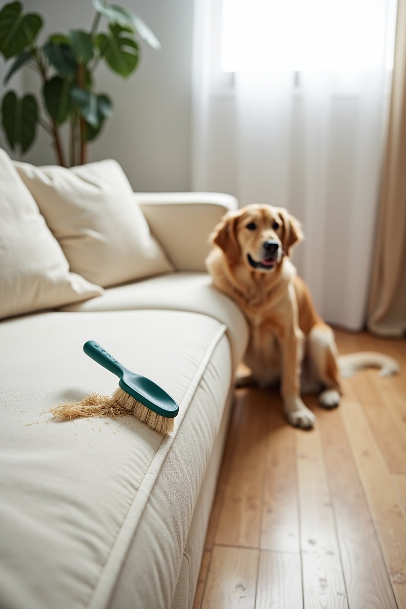 Bright living room scene with cream fabric sofa, rubber pet hair removal brush on sofa cushion with visible collected pet hair, friendly golden retriever sitting on floor nearby, clean and realistic