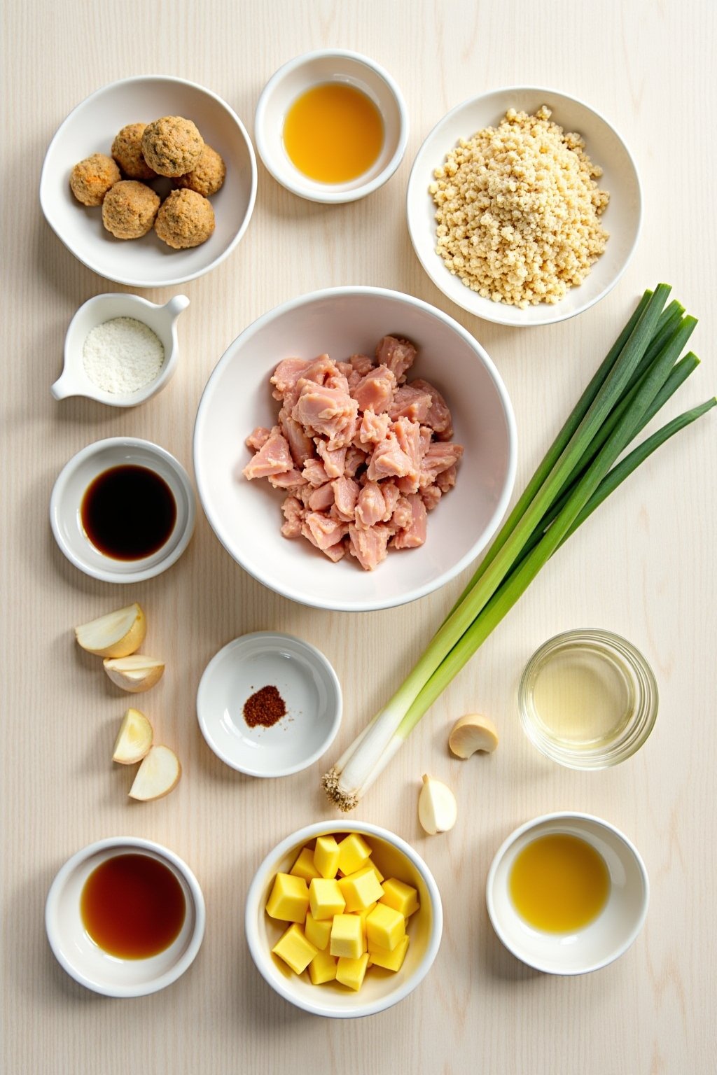 Flat lay ingredients for pineapple teriyaki meatballs — ground chicken in a bowl, panko breadcrumbs, egg, small bowls of soy sauce, brown sugar, sesame oil, pineapple chunks in a bowl, garlic clove...