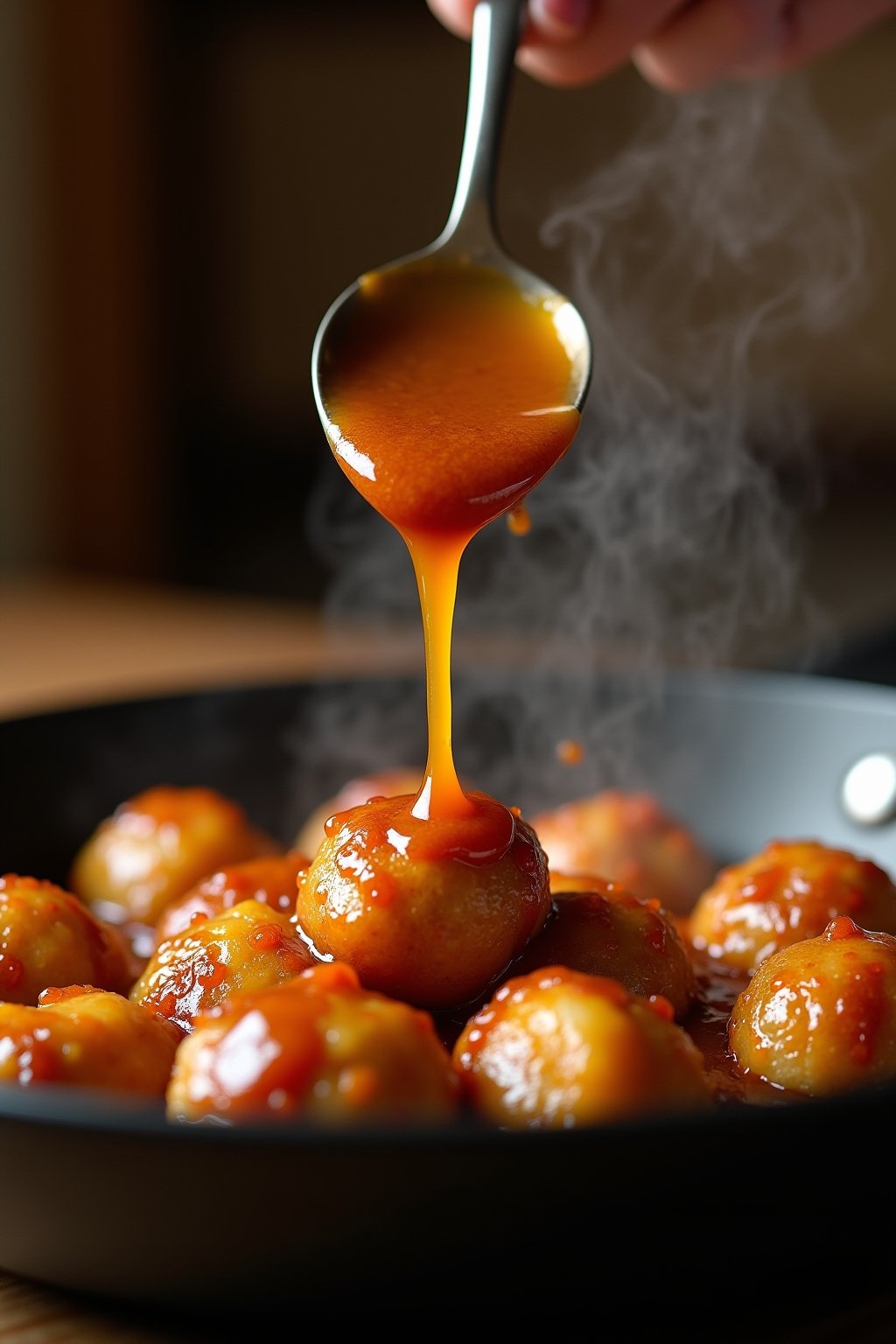 Action shot of a spoon drizzling thick glossy pineapple teriyaki sauce over golden baked chicken meatballs in a saucepan, sauce glistening and stretching, pineapple chunks visible in the sauce, ste...