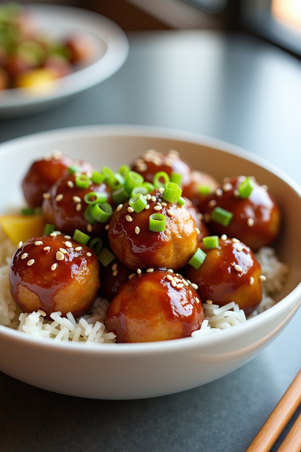 Pineapple teriyaki chicken meatballs in a white bowl over steamed jasmine rice, golden meatballs coated in thick glossy teriyaki sauce with pineapple chunks, sesame seeds and sliced green onions on...