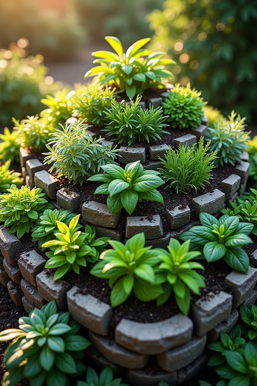 Top-down view of completed herb spiral showing different herbs planted at different levels: rosemary and thyme at sunny top, basil in middle, parsley and mint at shaded base, beautiful natural stone walls