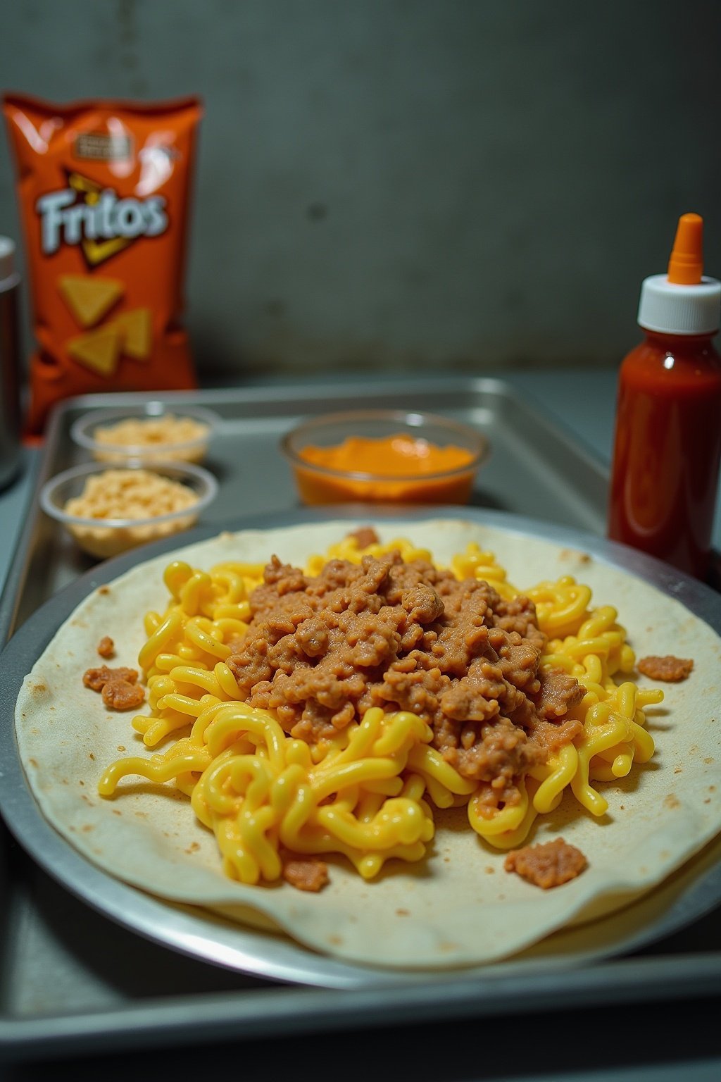 Scrambled eggs and cooked ramen noodles being layered on a flour tortilla on a metal tray, crushed fritos bag and squeeze cheese tube nearby, diced beef stick, hot sauce packets, institutional setting