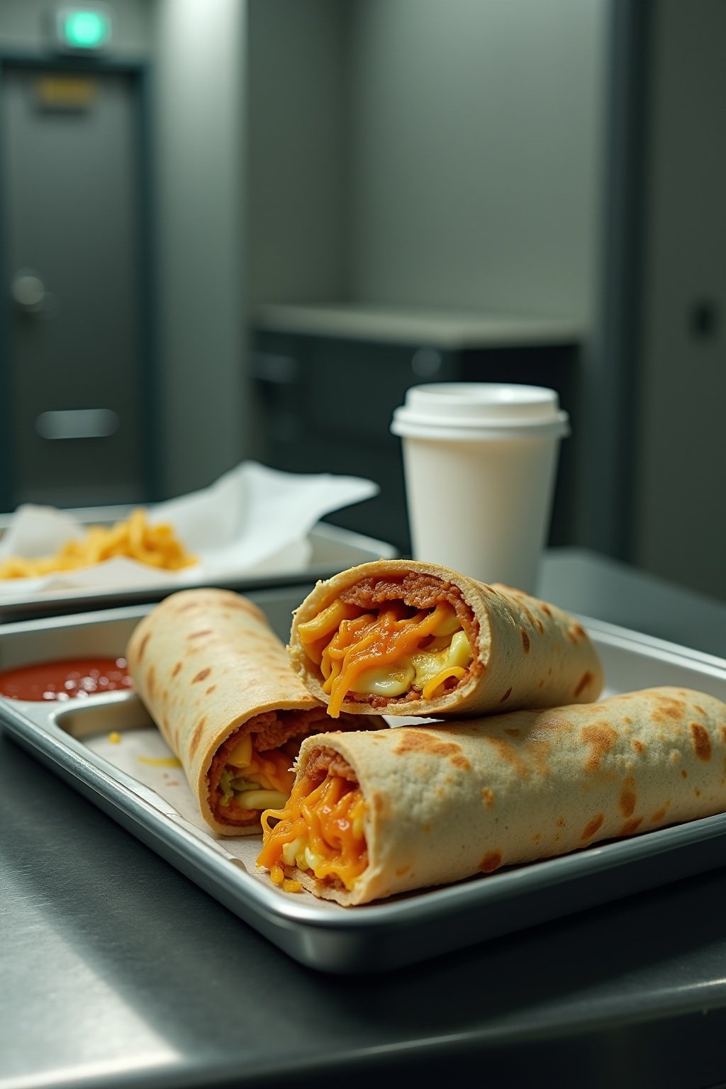 Two prison breakfast burritos on a metal lunch tray, one cut open showing egg and ramen filling, hot sauce packets and styrofoam coffee cup alongside, bare concrete table surface, fluorescent morni...