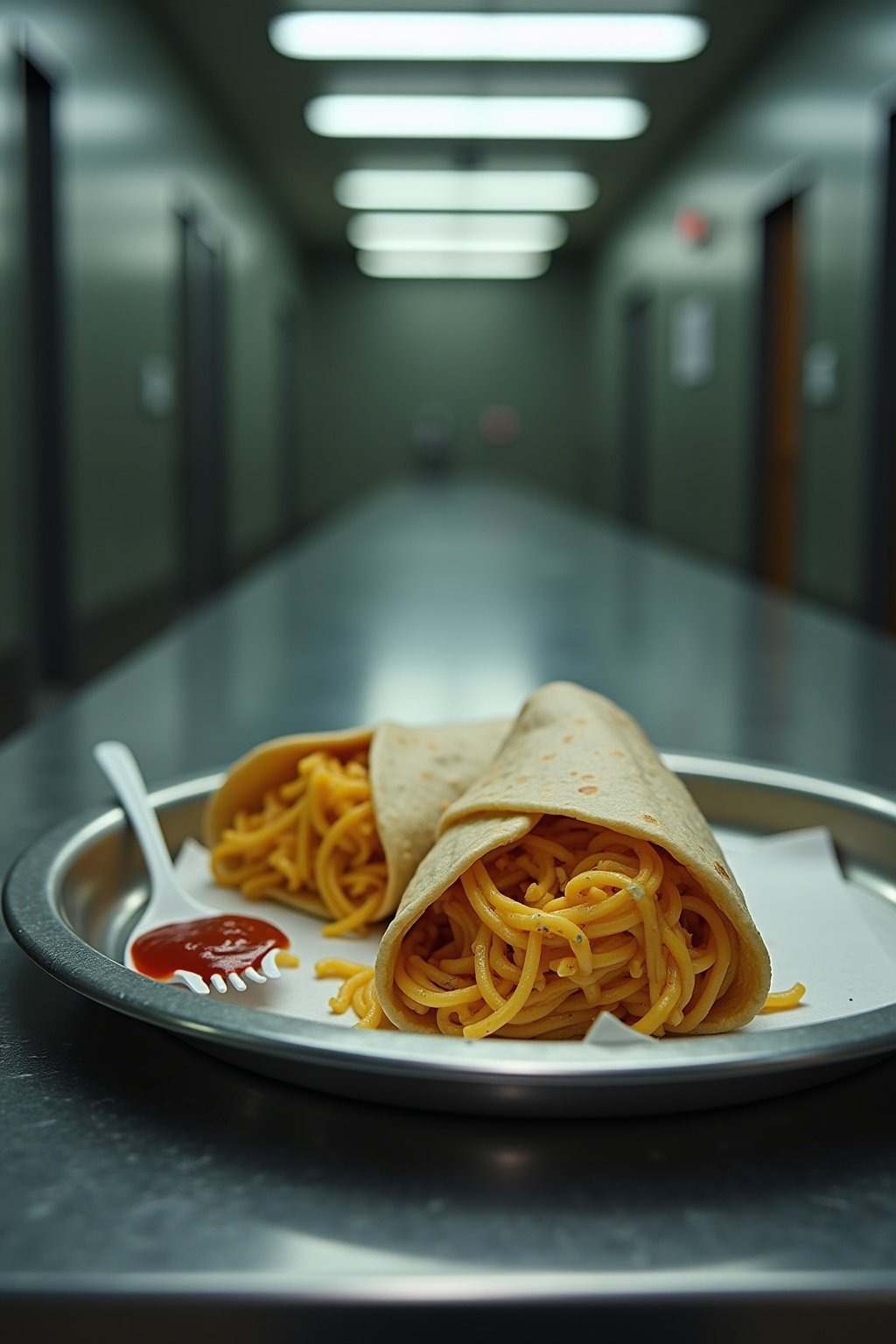 Prison breakfast burrito on a metal cafeteria tray, flour tortilla filled with ramen noodles and scrambled eggs, squeeze cheese and crushed fritos visible inside where its been cut in half, hot sau...
