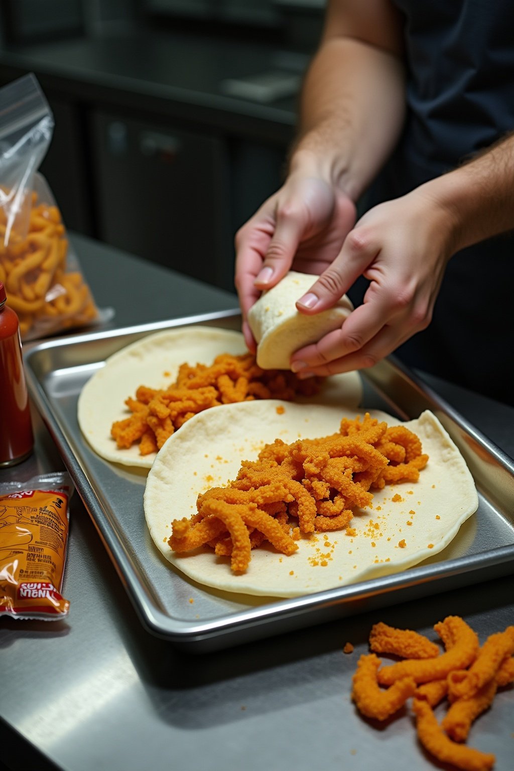 Flour tortilla being filled with ramen spread and crushed doritos on a metal tray, squeeze cheese bottle and hot sauce packets nearby, summer sausage slices, pork rinds bag, hands assembling a chi-...