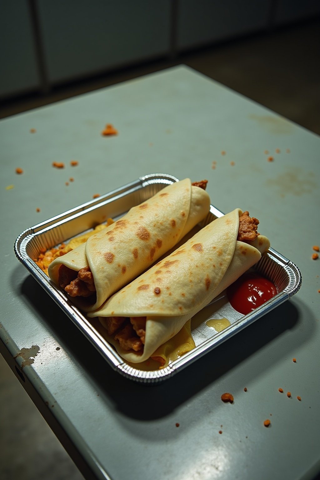 Two prison burritos wrapped tight in tortillas on a metal lunch tray, hot sauce packets and crushed chip crumbs scattered around, bare concrete table