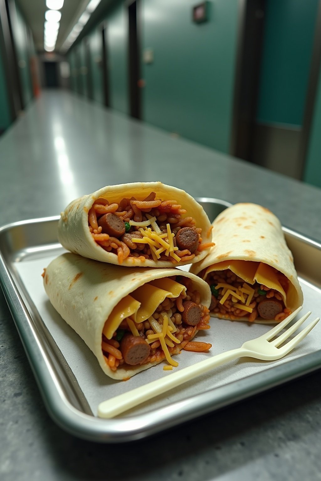 Prison chi-chi burrito wrapped in a flour tortilla on a metal cafeteria tray, cut in half showing layers of ramen, crushed doritos, refried beans, squeeze cheese and sausage inside, plastic spork o...