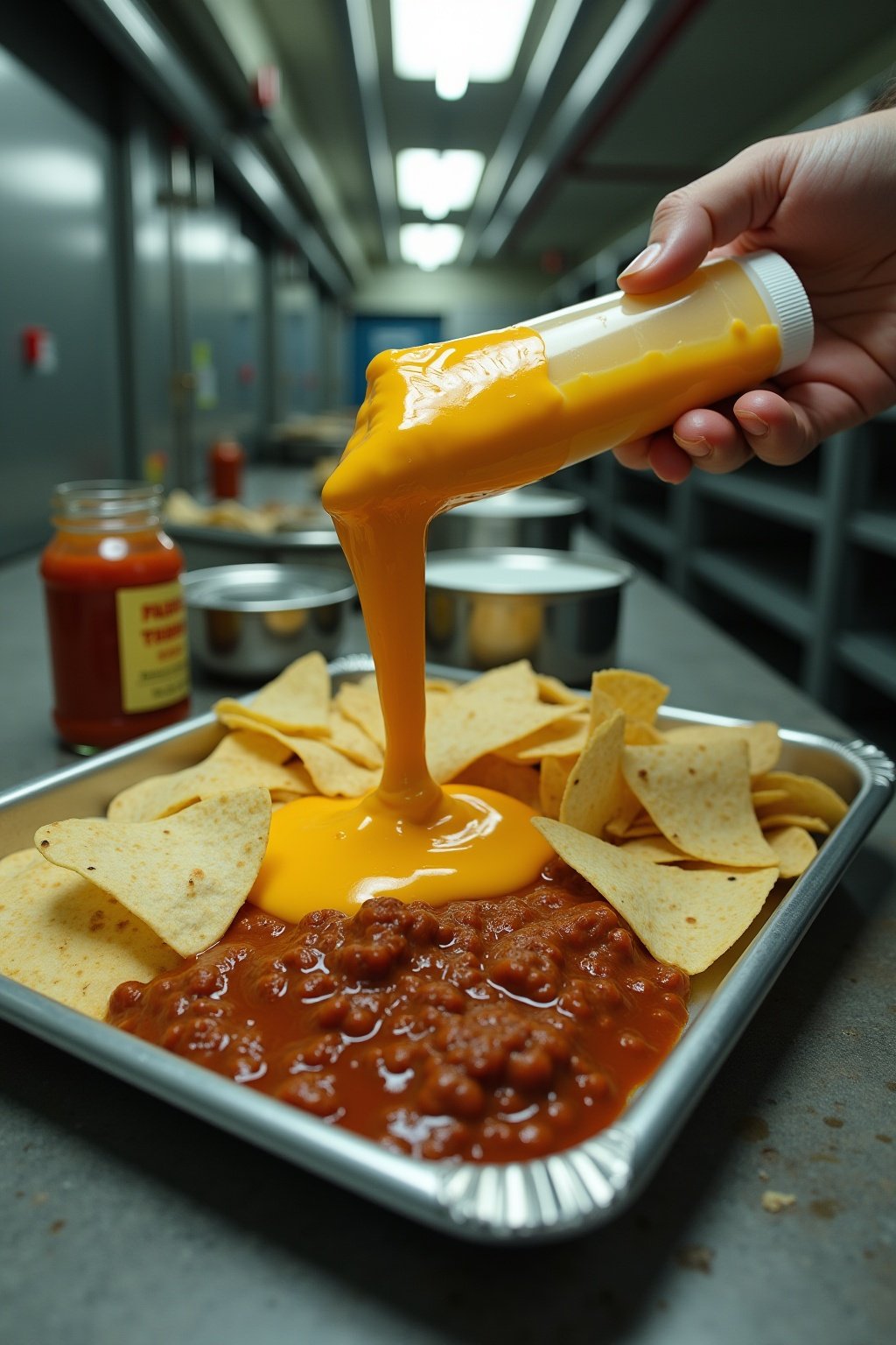 Squeeze nacho cheese being squeezed from a tube over tortilla chips and canned chili on a metal tray, jalapeno jar and hot sauce packets nearby, bare concrete surface, fluorescent lighting